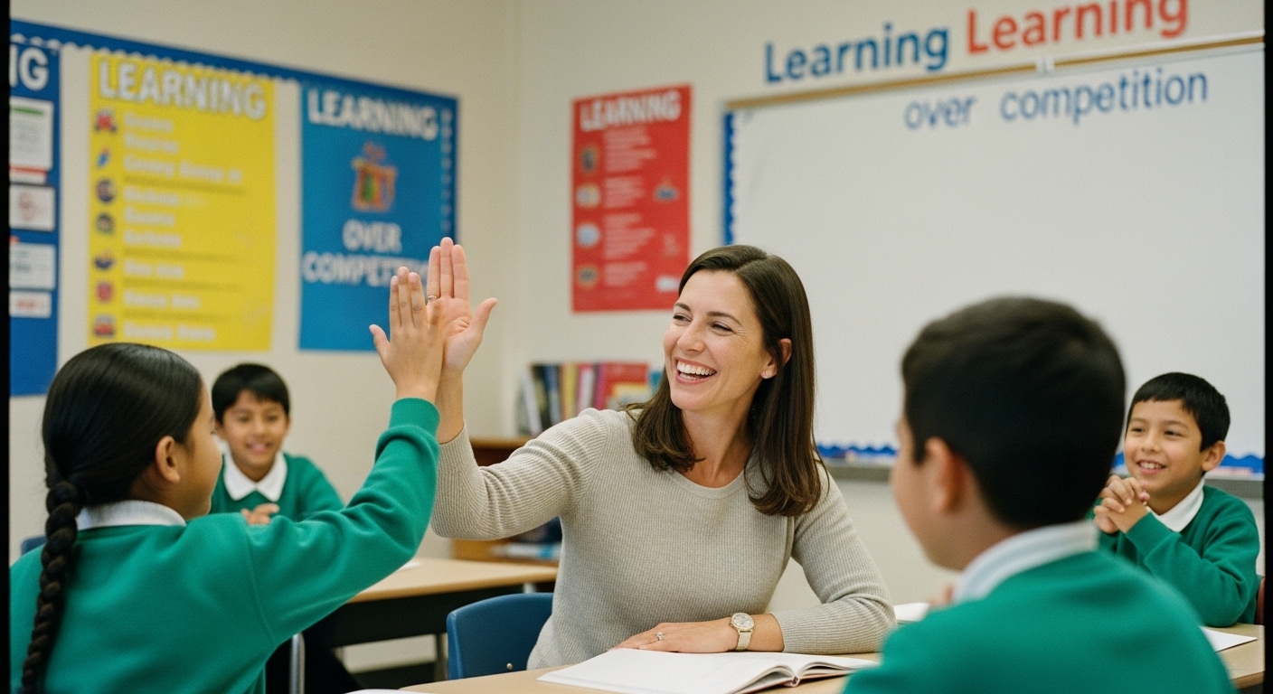 Teacher praises student for effort and improvement during Gimkit learning game, reinforcing educational goals