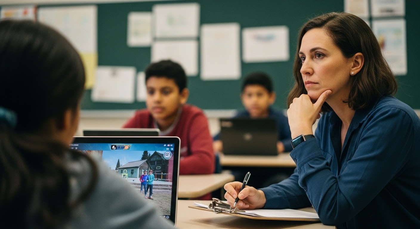 A teacher taking notes while observing students play a classroom game, preparing for a focused post-game discussion. 
