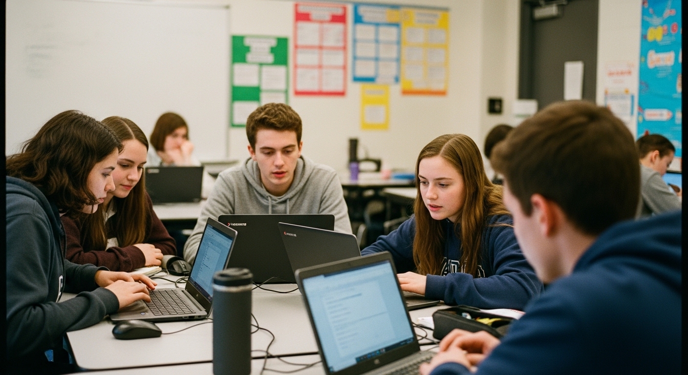 Group of students collaborating during a Gimkit game using team mode to support classroom challenge