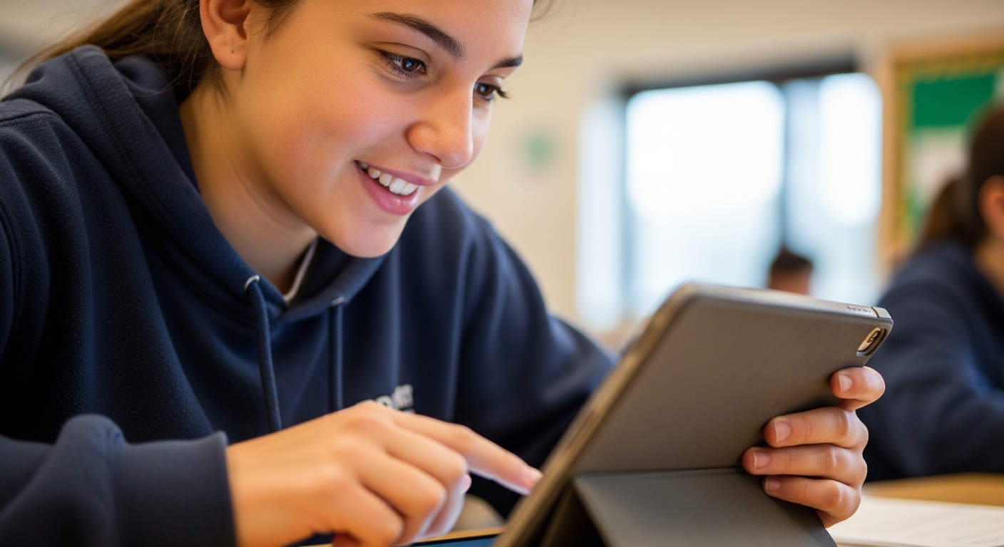 Focused student actively engaged in interactive digital learning, demonstrating motivation and curiosity