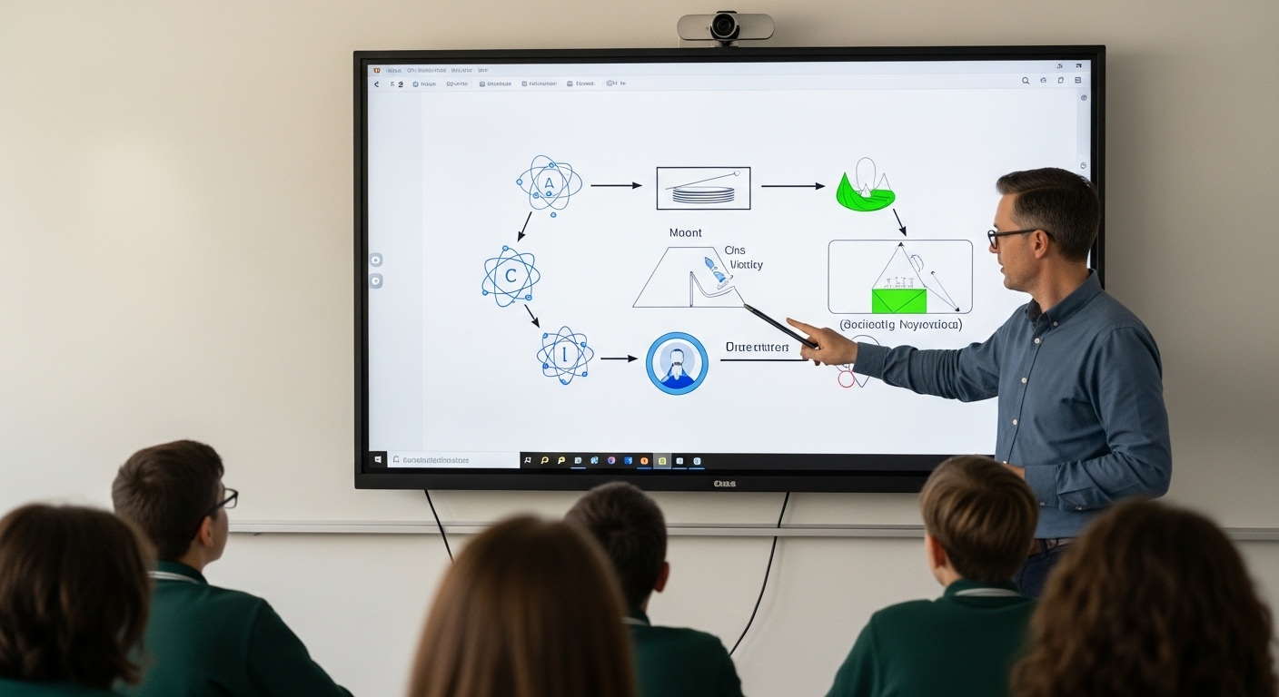 Teacher explaining a complex concept using diagrams and multimedia on a smart board to enhance student comprehension and retention.