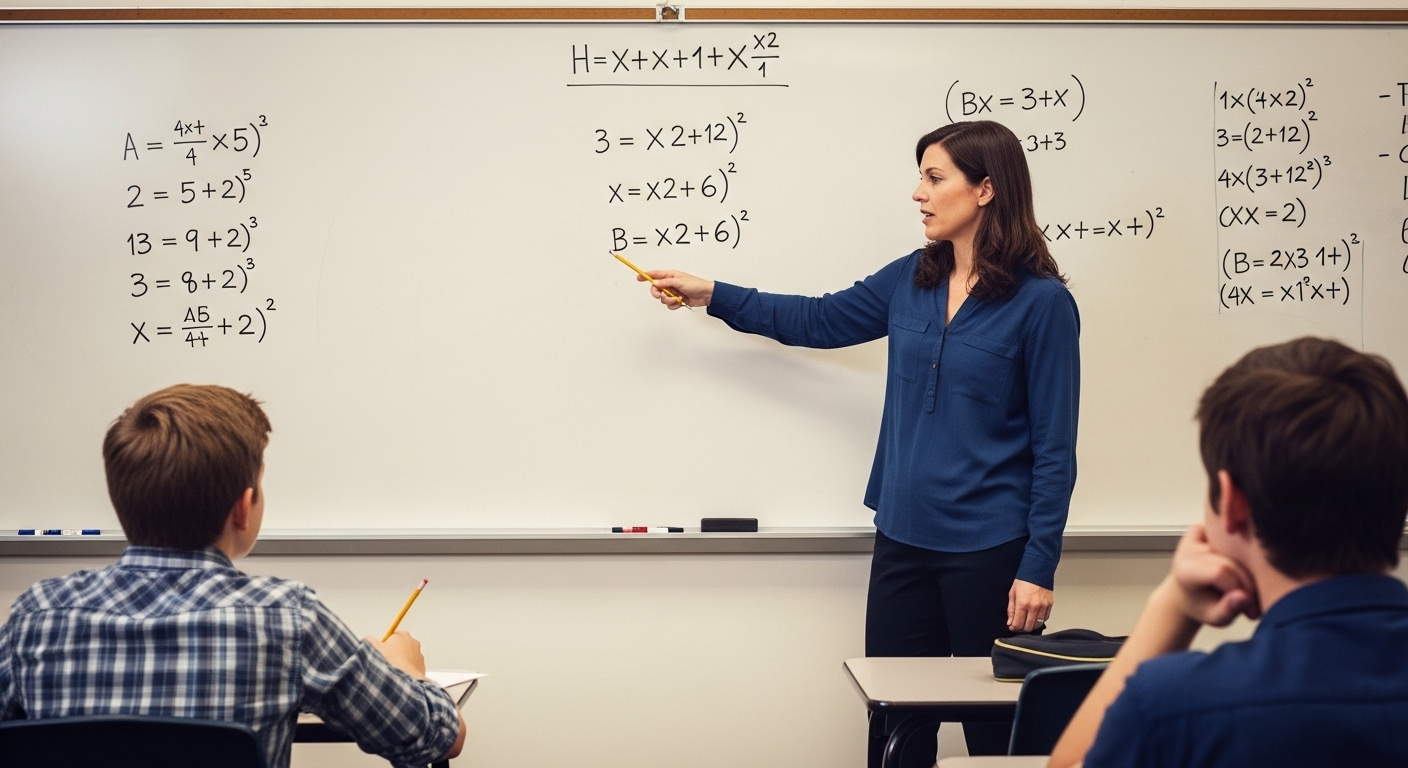 A math teacher standing by a whiteboard pointing out a student's calculation error, showing how flawed processes help build better quiz distractors.