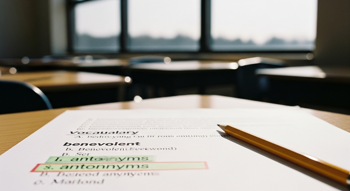 Vocabulary worksheet focusing on antonyms and synonyms, used to demonstrate distractors based on word opposites in education.