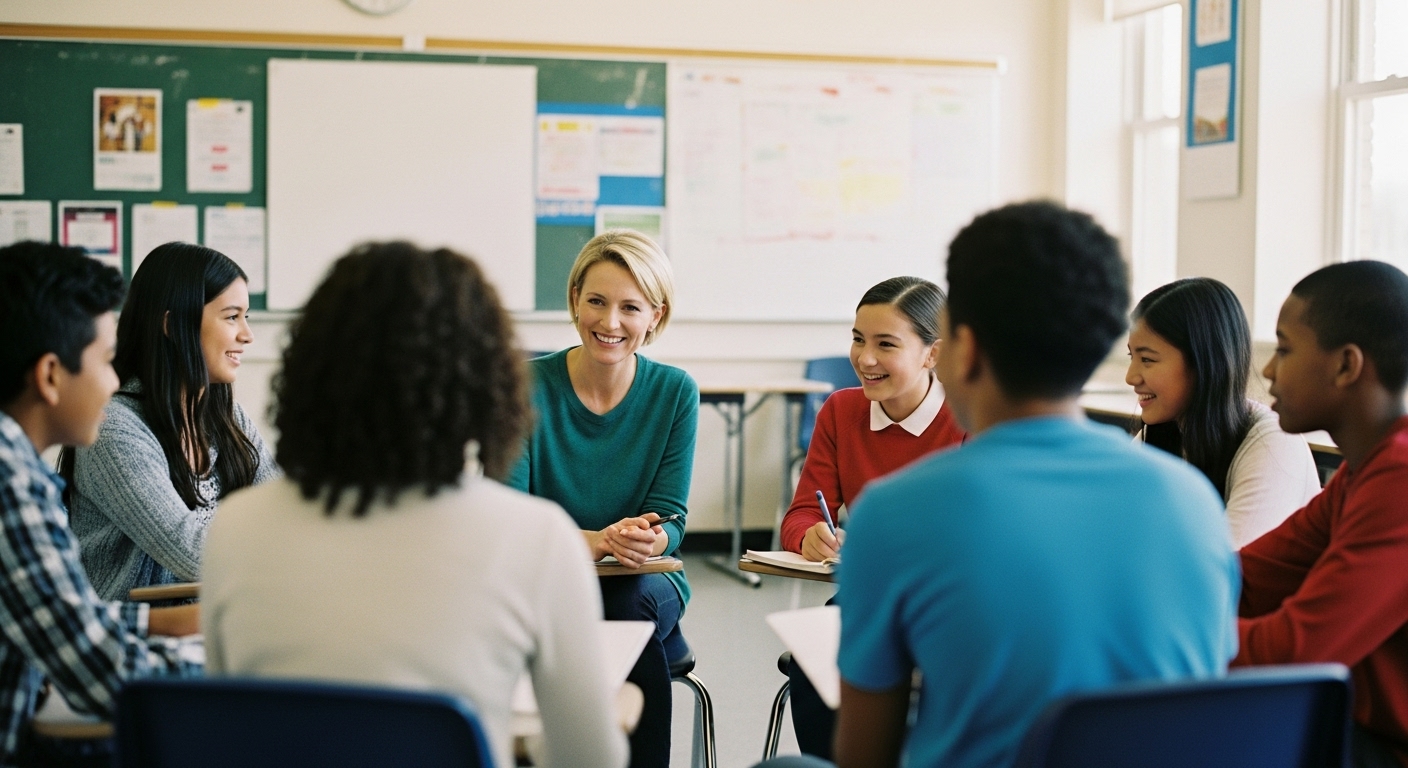A group of middle school students giving feedback to a teacher in a relaxed classroom setting.