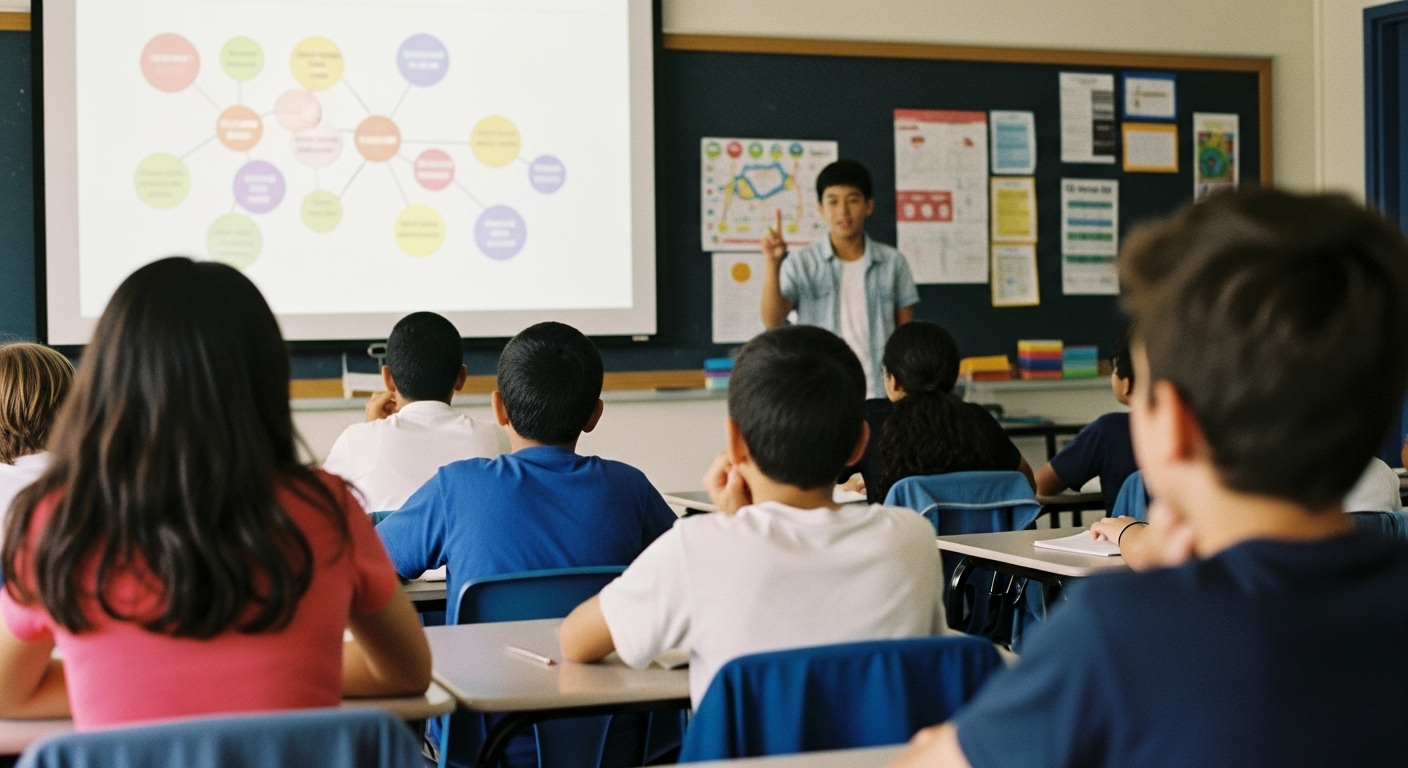 Middle school students attentively engaging with visuals like charts and diagrams during an interactive learning session