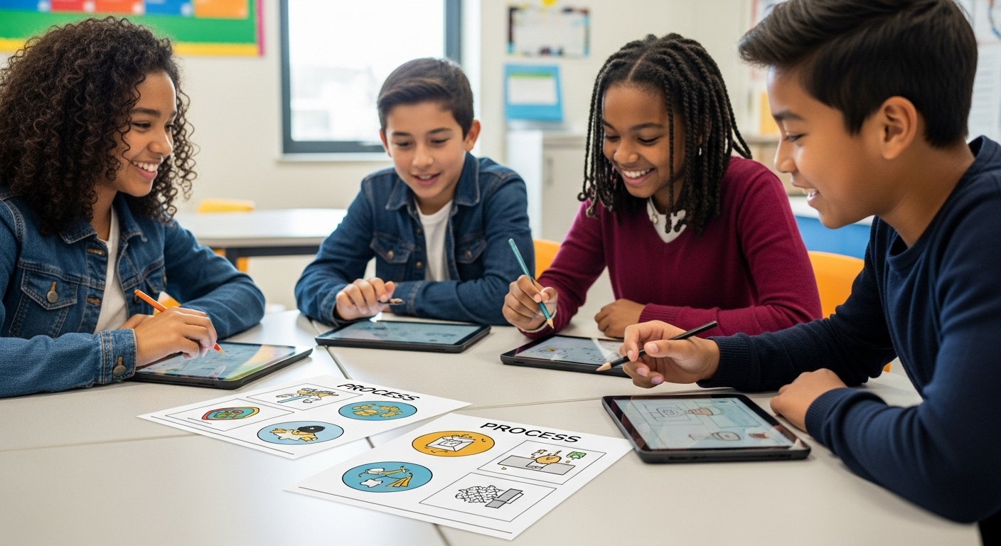 Children collaborating at a science station with visual aids and digital tablets, repeatedly practicing scientific steps while smiling.