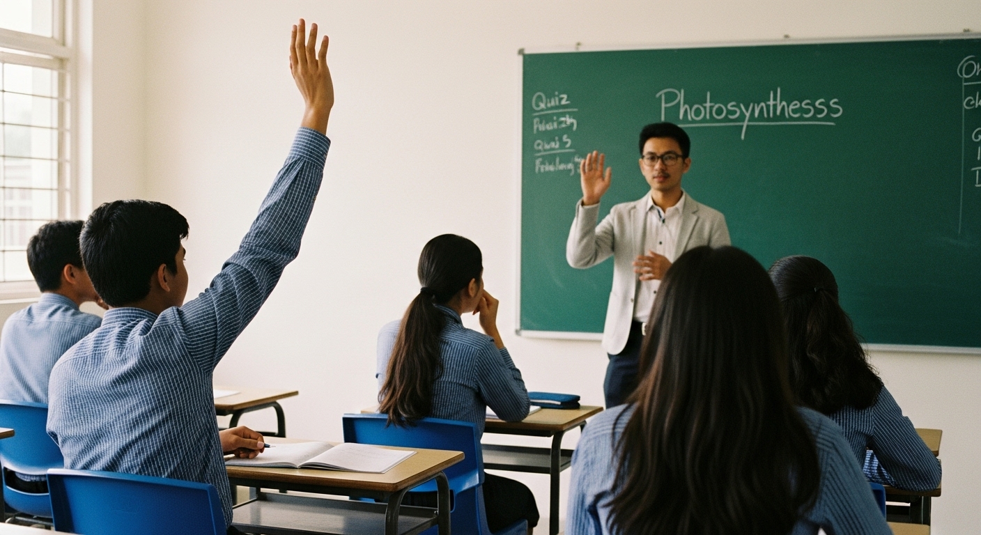 A student raising a hand during a post-quiz classroom discussion while others reflect on a tricky science question. 