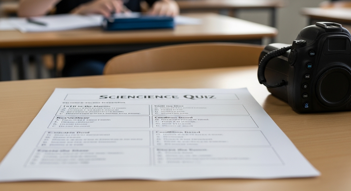 Close-up of a printed science quiz with diverse question types including inputs, outputs, and condition checks.