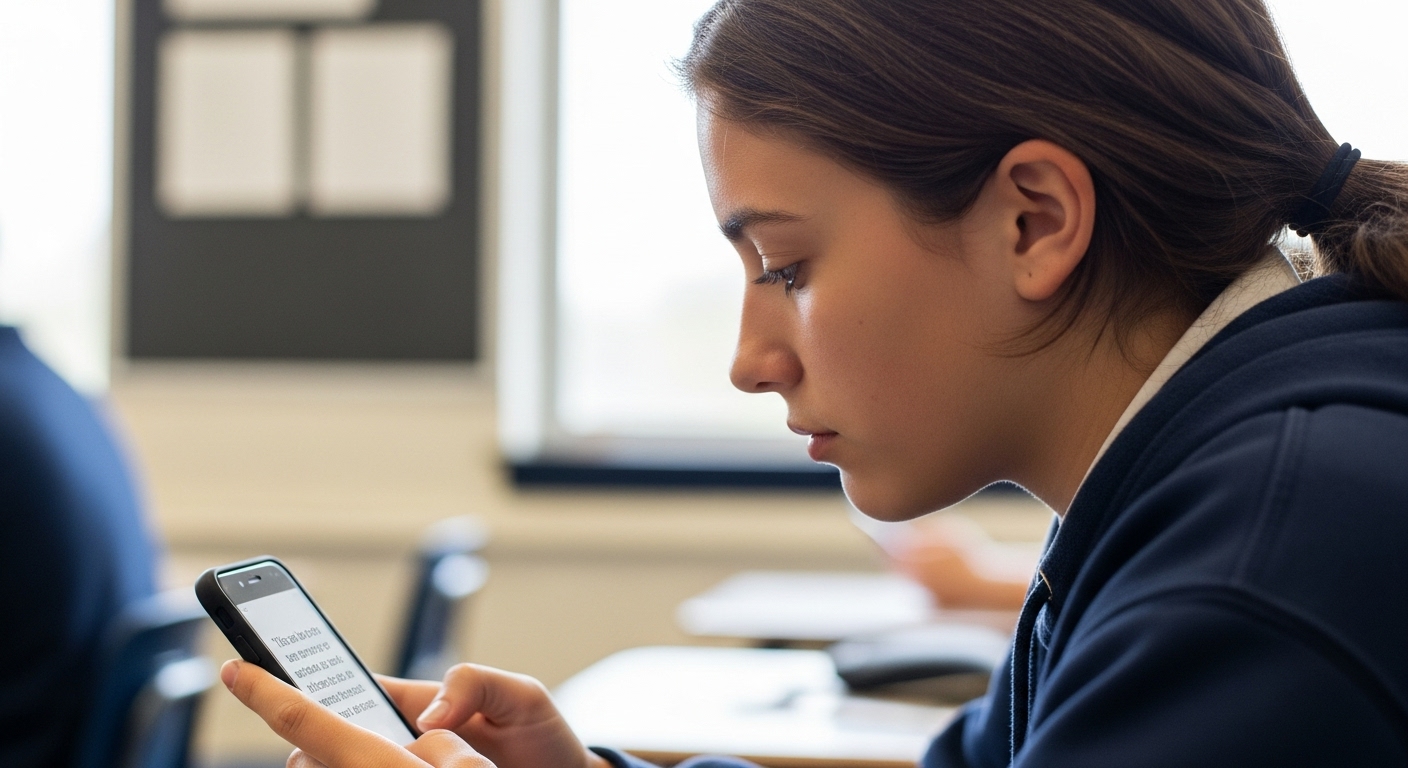 A student using a smartphone to read a short Gimkit question during class