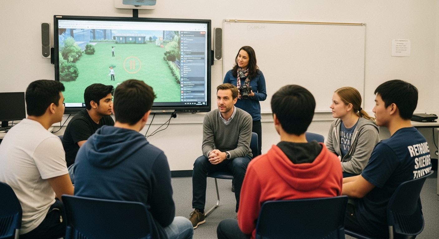 Students and teacher in a circle discussing how multimedia helped learning after a game