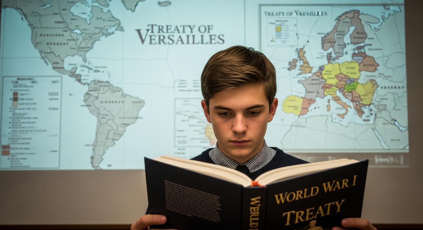 A teen boy studying the Treaty of Versailles with post-WWI Europe map in the background, highlighting cause and effect in history learning