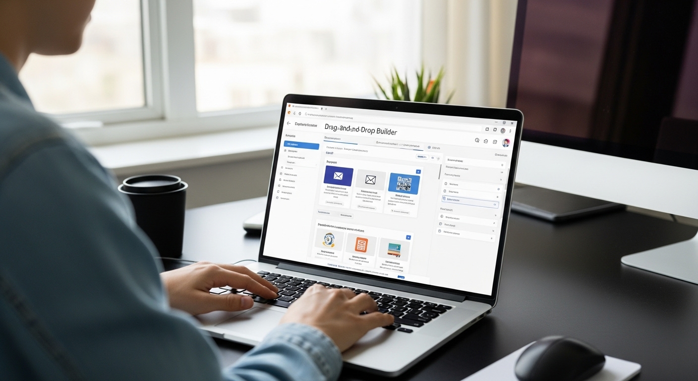 User working on drag-and-drop email builder with segmentation and automation tools on screen.