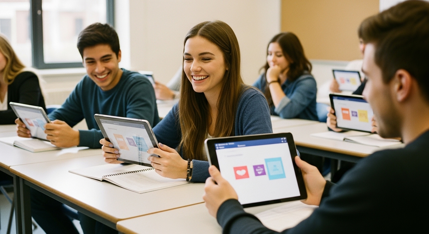 Students participating in a digital classroom quiz using tablets with multiple-choice, true/false, and short answer questions