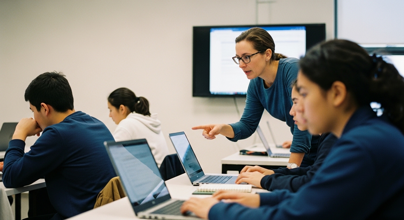 Teacher assisting students in a classroom using laptops to work around limitations of a quiz-based educational tool.