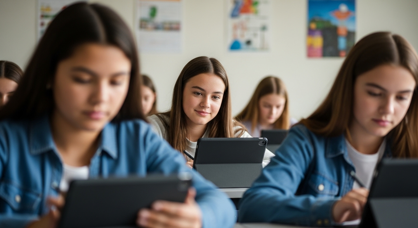 A student in a classroom works intently on a laptop, representing mastery and accuracy during a Gimkit challenge focused on correct answers. 