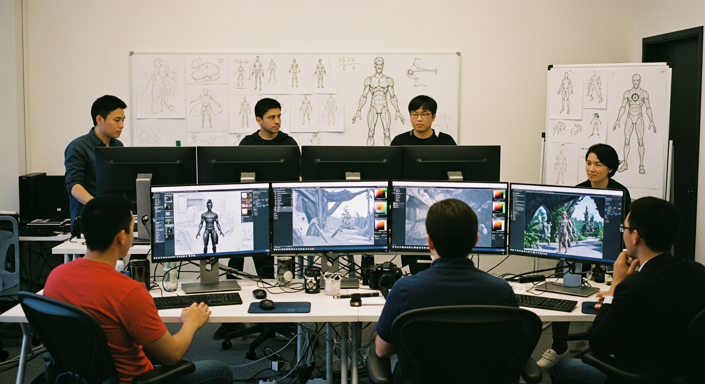 Photorealistic image of a diverse game art team working on 3D assets with dual monitors and concept sketches on the wall