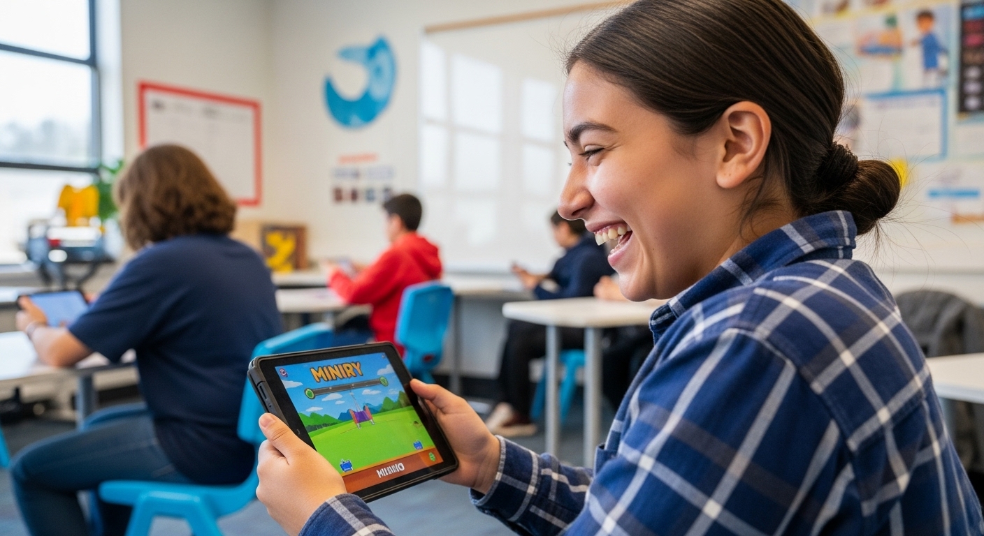 Happy student playing a fun mini-game on a tablet during a break between educational quiz rounds.