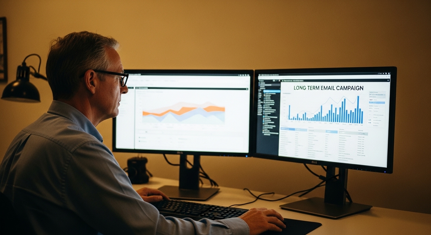 Professional man analyzing over a decade of email campaign success data on a large computer screen.