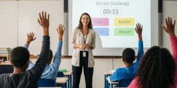 A smiling teacher stands in front of a projected Gimkit game screen while diverse students eagerly raise their hands during a classroom challenge.