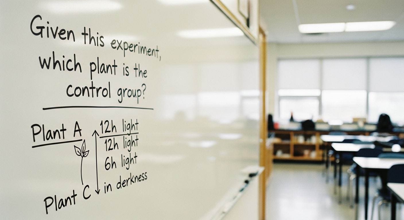 Close-up of a classroom whiteboard showing a science challenge prompt asking students to identify the control group in a plant experiment.