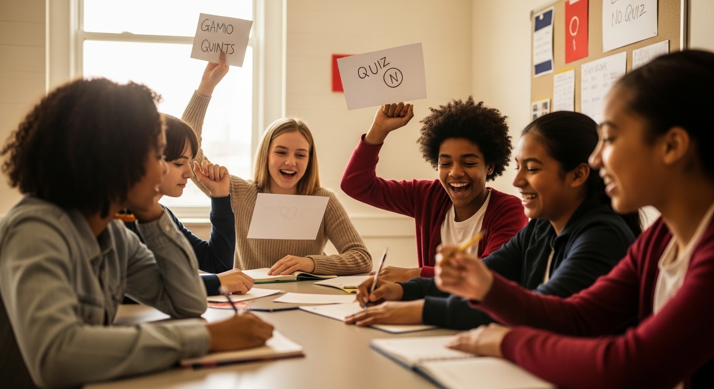 Group of students collaborating in a gamified classroom environment, reacting joyfully to earning quiz points