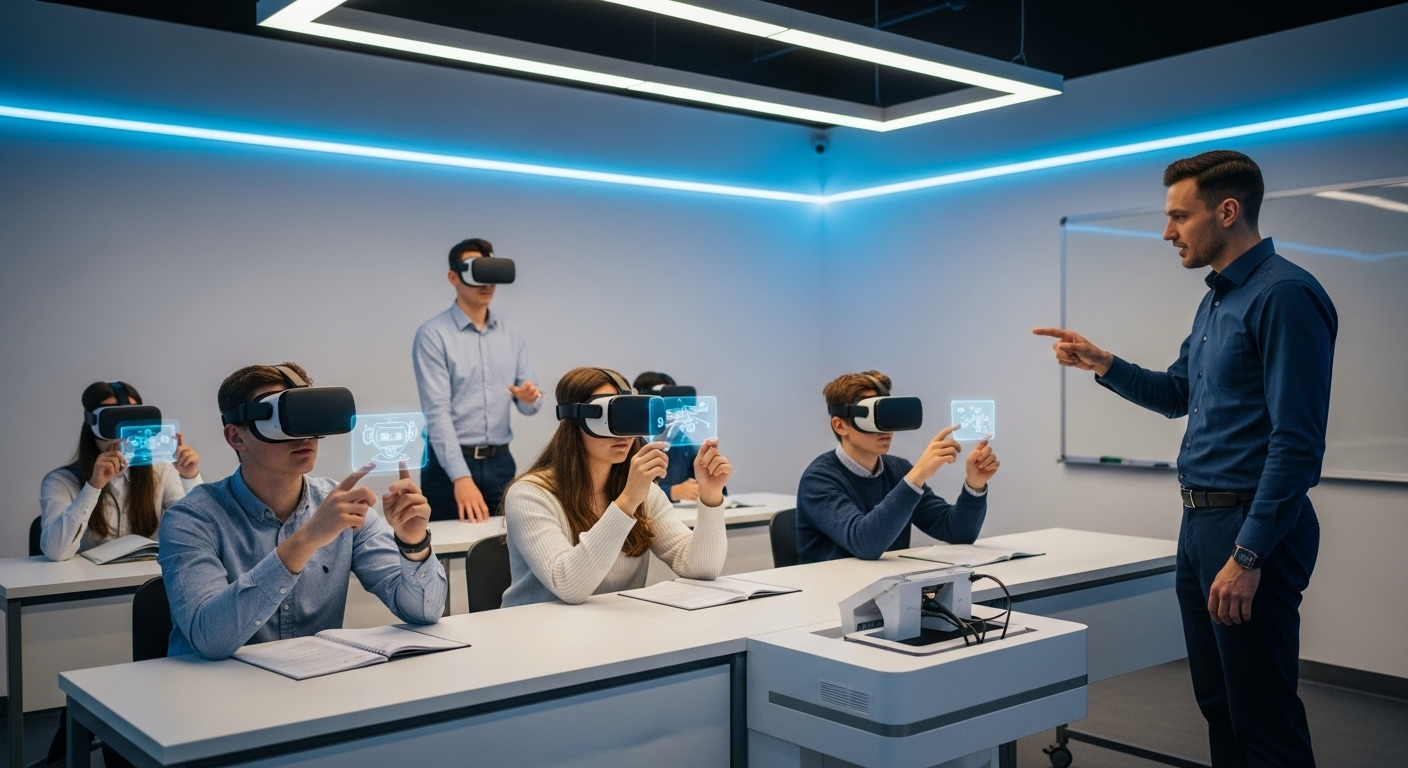 A futuristic classroom with students using VR headsets and AI-driven learning tools, symbolizing the next generation of education.