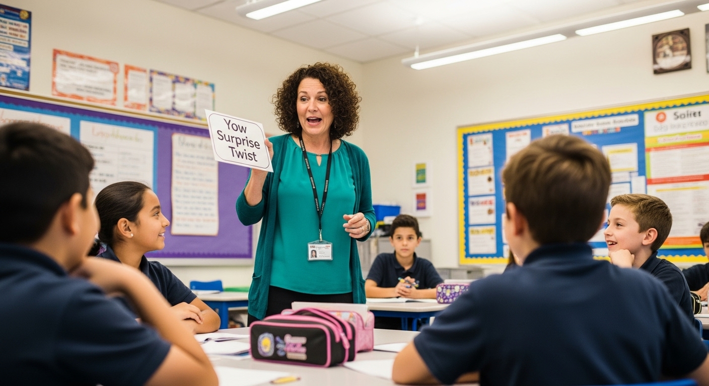 Students reacting with surprise to a sudden game rule change during a Gimkit classroom challenge focusing on adaptability. 
