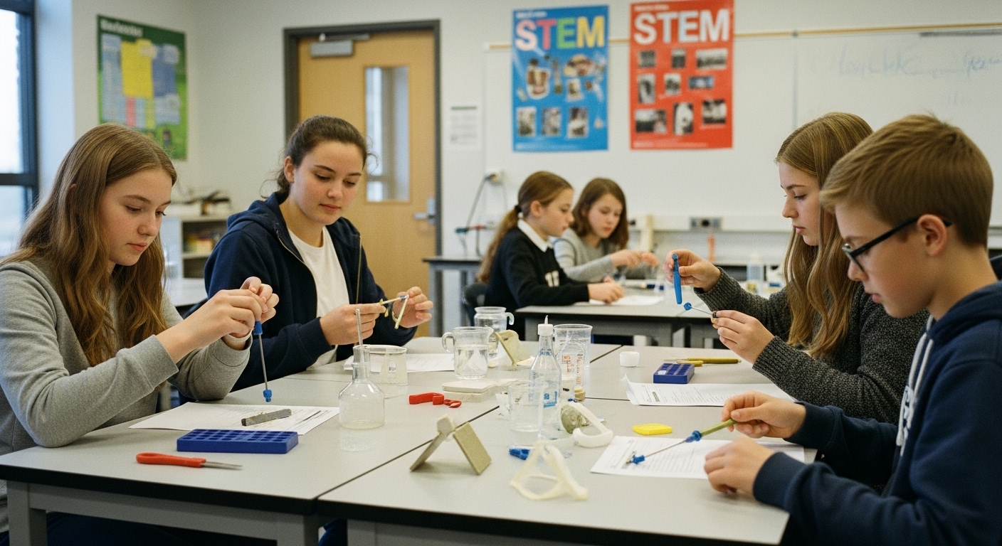 Middle school students working on science experiments in a classroom, designing tests and building models during hands-on STEM activities.