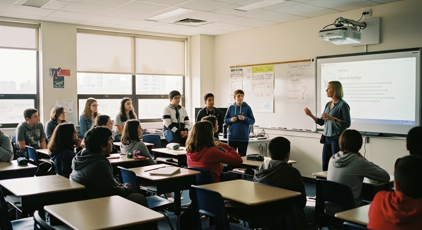 Curious middle school students brainstorming ideas in a bright classroom during a project launch, reacting to a big essential question.