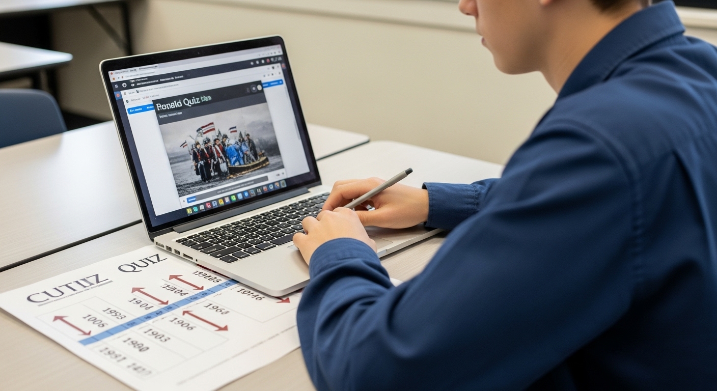 High school student designing a Gimkit quiz about a historical battle with a printed timeline and a laptop