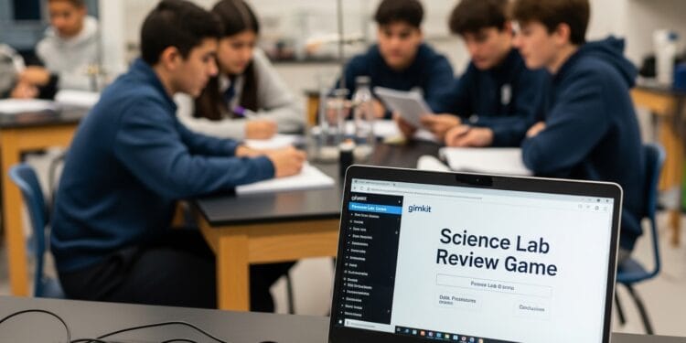 "Gimkit science lab review game on a laptop screen with students engaged in interactive learning and review of scientific procedures, observations, and conclusions