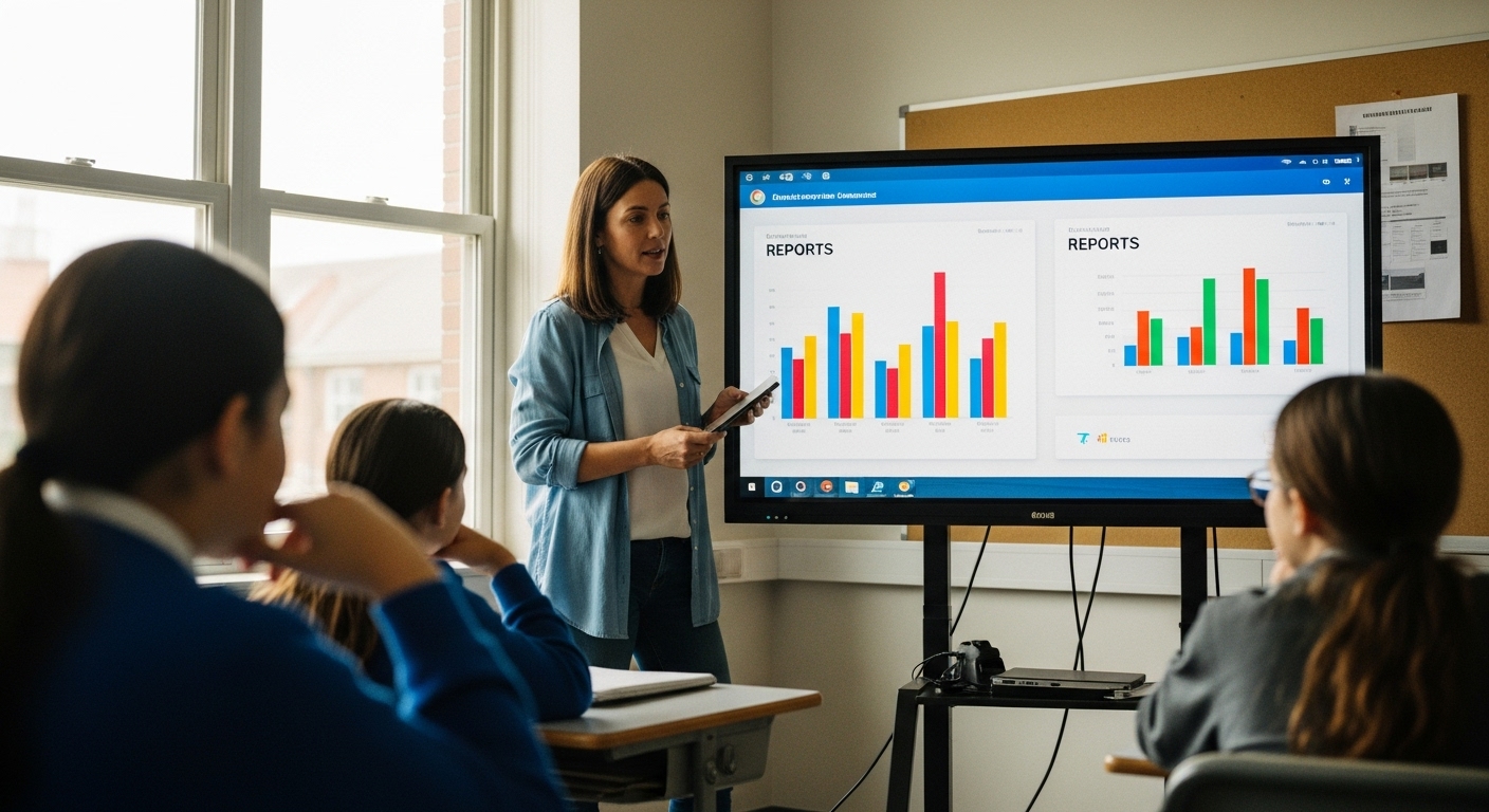 Classroom scene where teacher reviews Gimkit performance data on screen to guide learning debrief