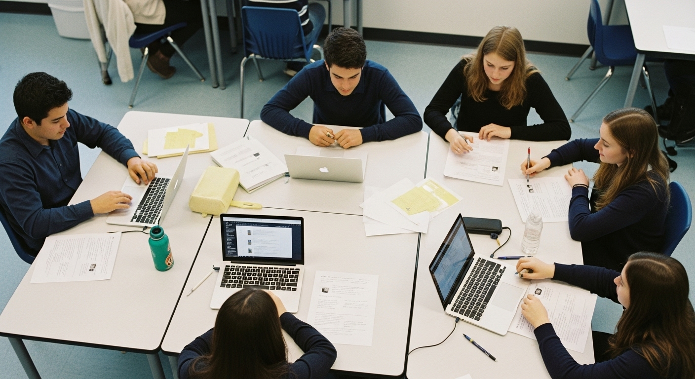 Visual of a large project divided into smaller interactive tasks with students working on different parts.