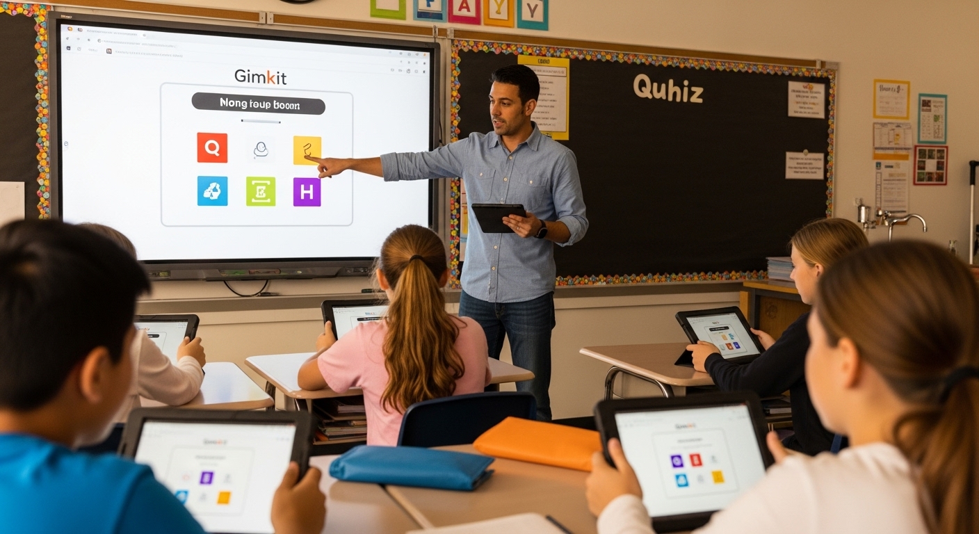 Teacher standing in front of a smartboard while students use tablets to play Gimkit during a science project entry event