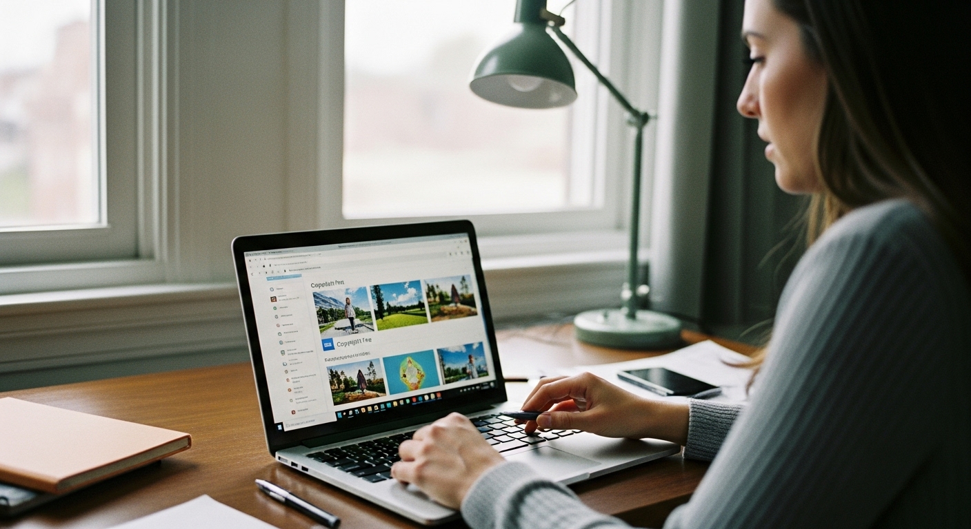 A teacher selecting high-quality educational images on a laptop, ensuring copyright compliance and accessibility