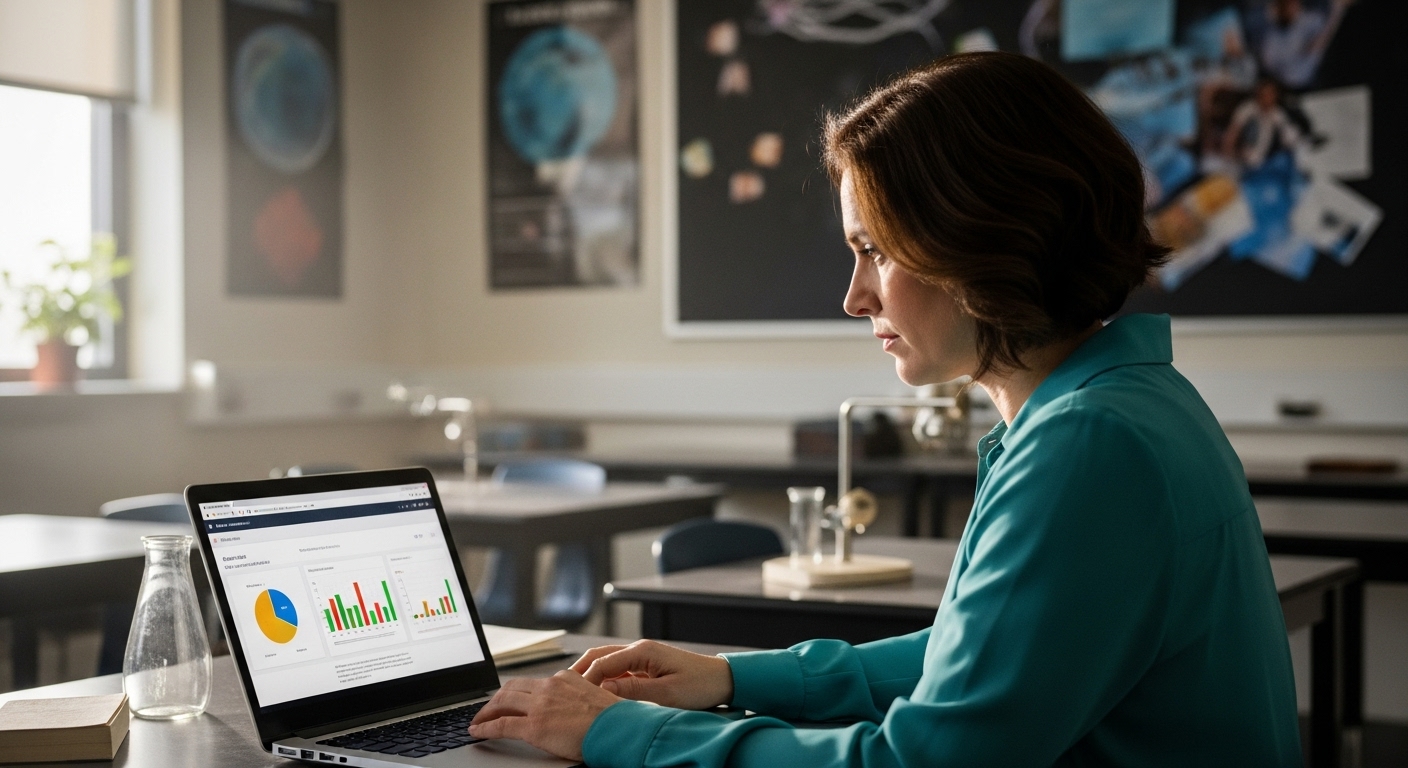 A teacher analyzing a detailed learning report on a laptop, showing which science concepts students struggled with, in a classroom setting.