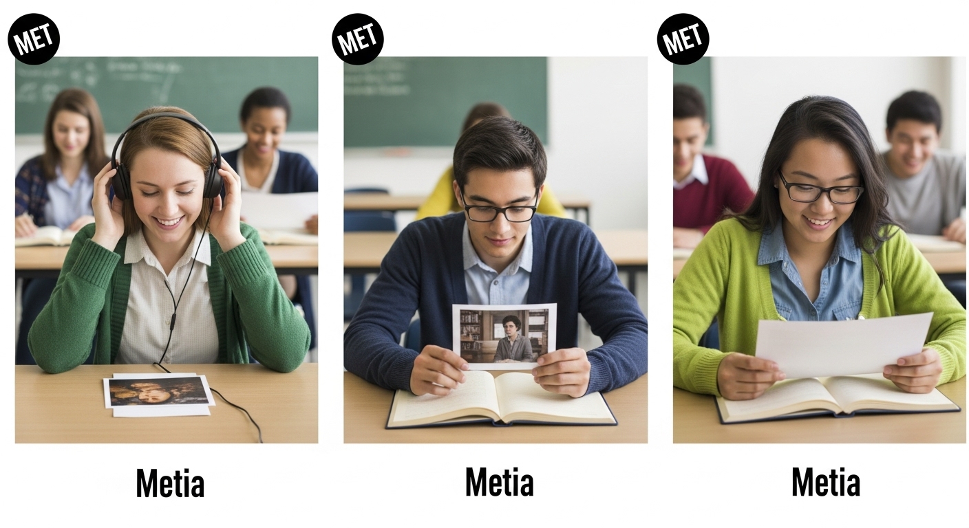 Students participating in a multimedia quiz, interpreting images, audio, and video clips to demonstrate diverse academic skills