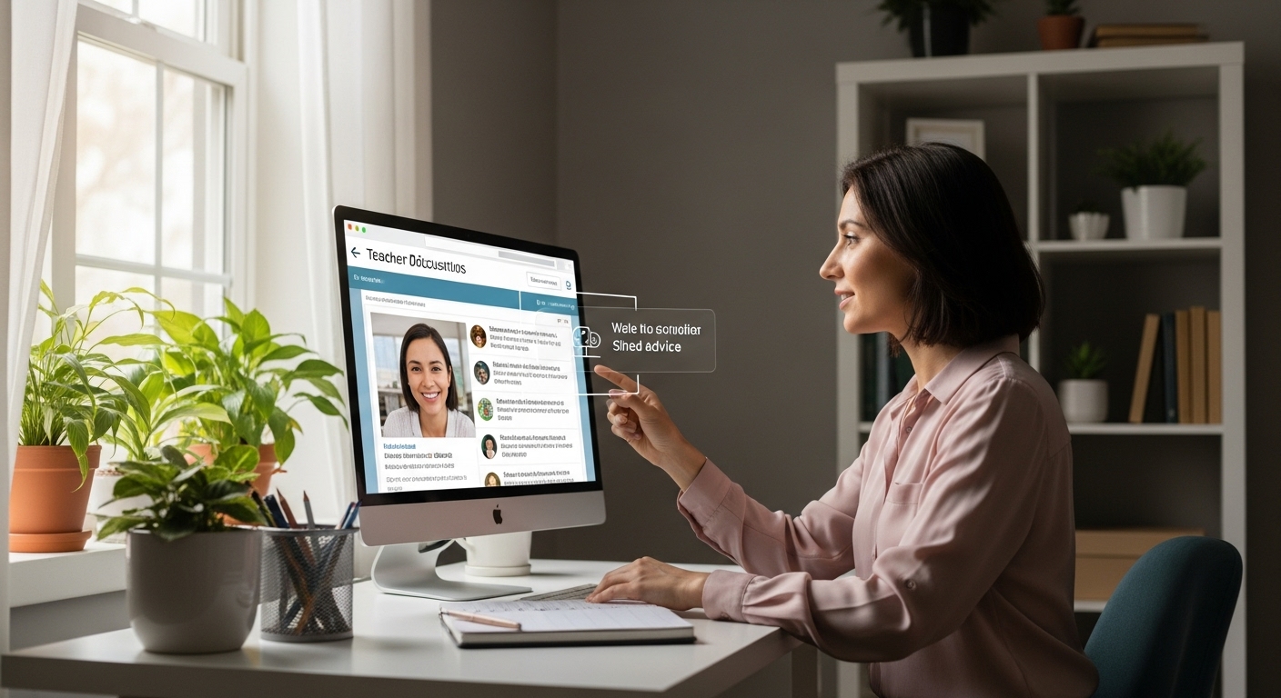 A teacher engaging in an online forum with fellow educators, using a desktop computer in a home office