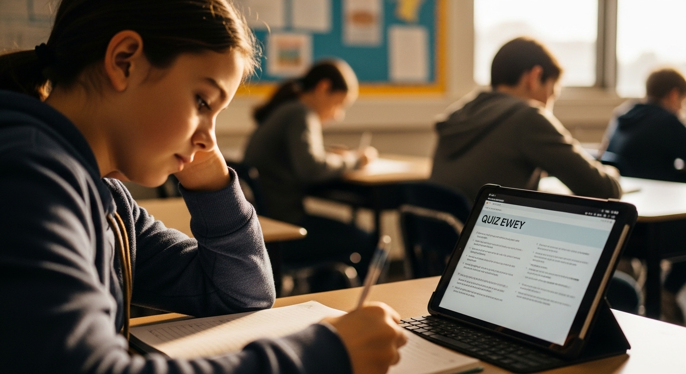 Middle school student reflecting after an educational game, writing thoughts in a notebook with a tablet open, classroom in background, promoting active learning and reflection after Gimkit.