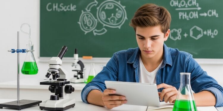 A high school student studying science using a tablet with diagrams of the cell cycle and chemical reactions in the background, showcasing the use of Gimkit simulations to gamify complex scientific processes.