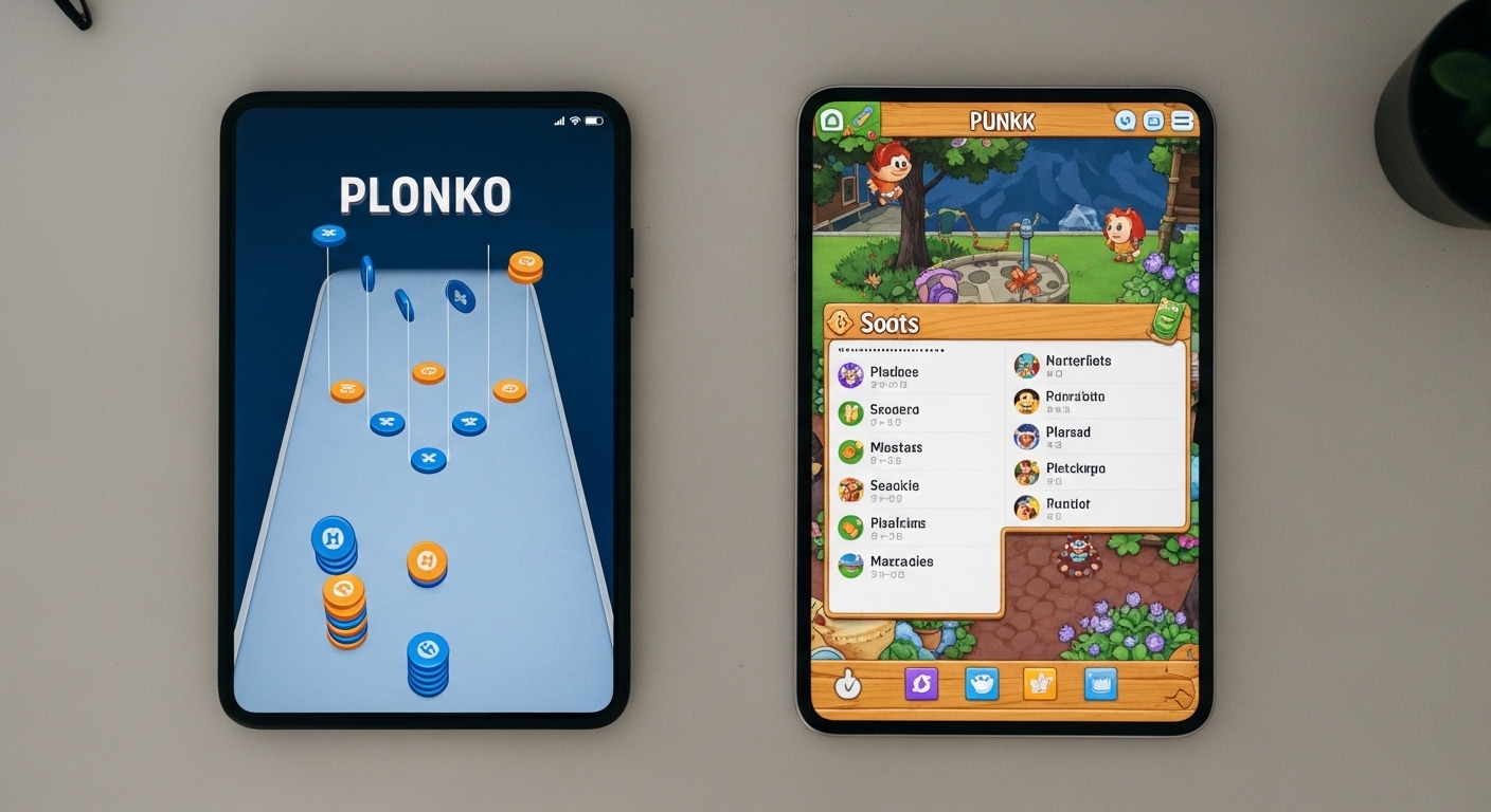 Side-by-side comparison of simple Plinko-style game and complex casual game UI, demonstrating ease of gameplay.