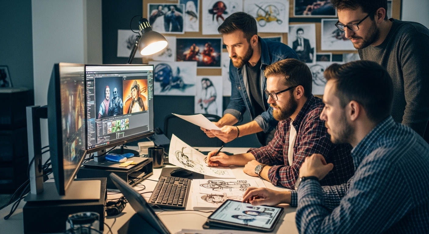 Professional game art team with an art director overseeing concept sketches for AAA game development in a modern studio.