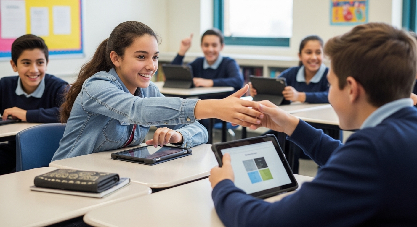 Students in teams working together during a classroom quiz relay race, passing tasks and collaborating using Gimkit on tablets