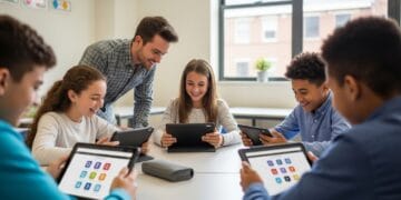 Middle school students and teacher playing an educational game on tablets in a bright classroom, representing future feature hopes for Gimkit platform