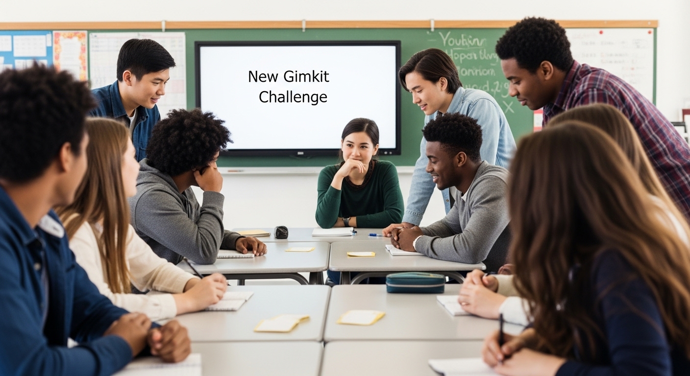 Students in a classroom excitedly playing a unique Gimkit mode, showing curiosity and anticipation.
