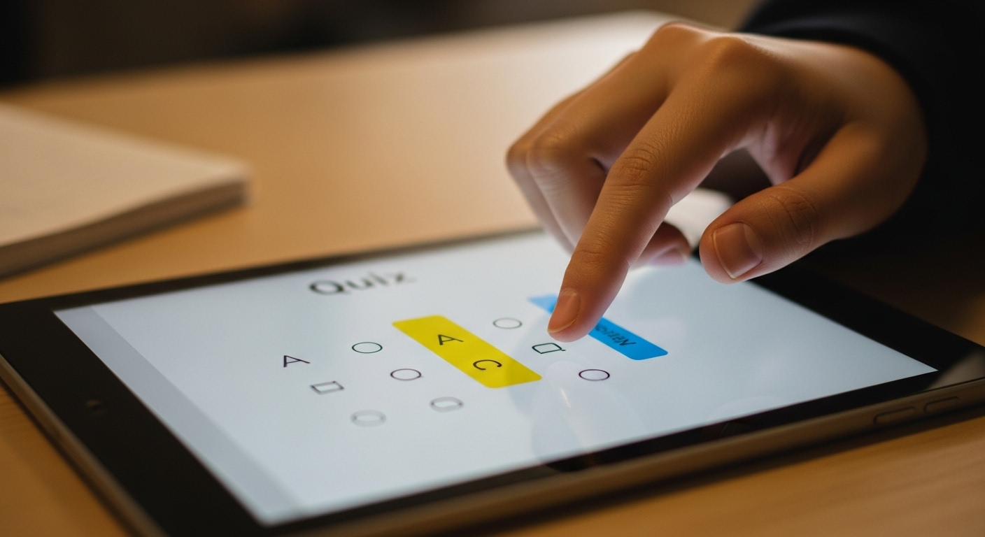 A close-up of a student's hand hovering over a nearly correct answer on a tablet quiz interface, representing partial understanding in learning.
