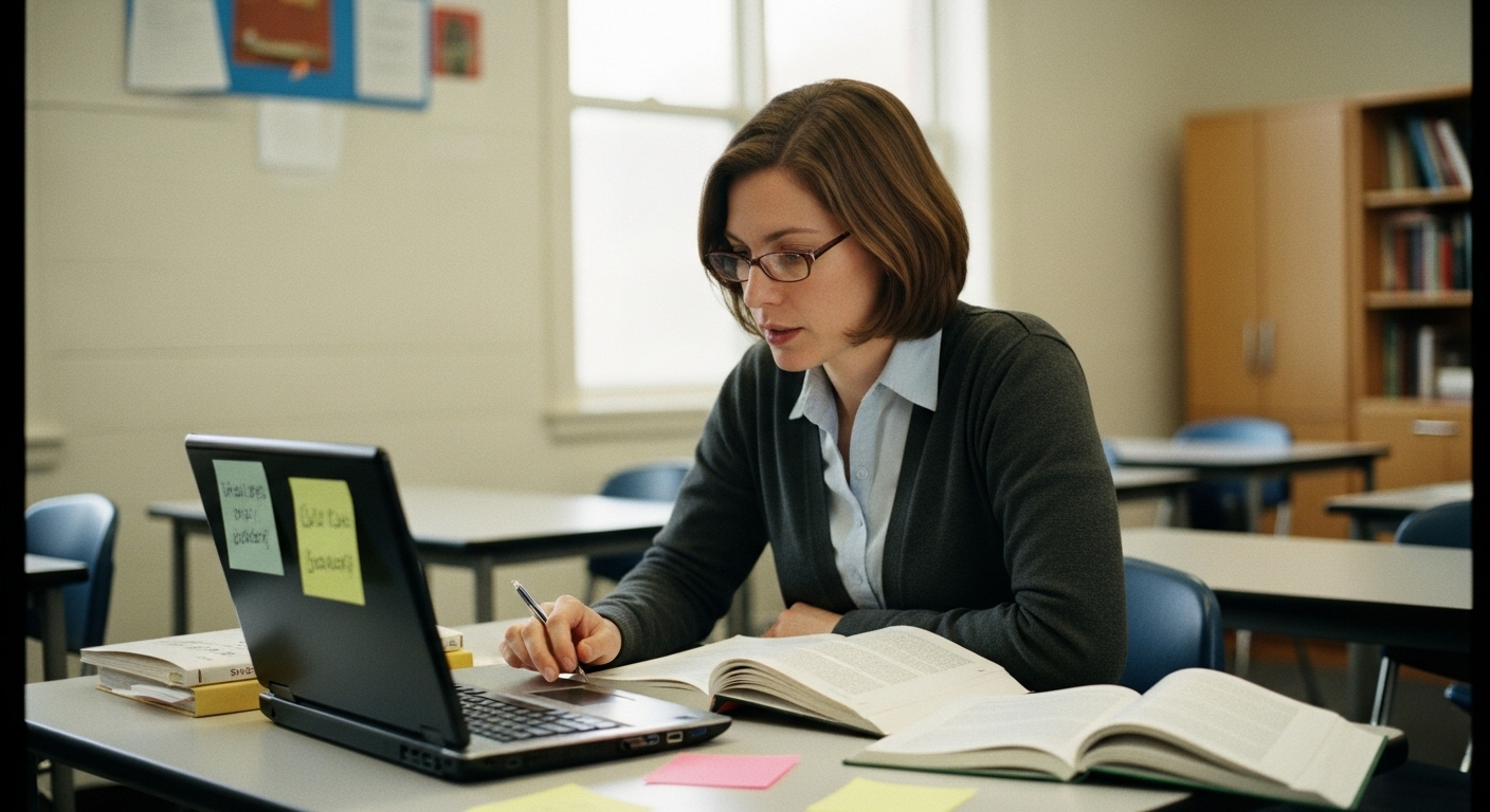 Teacher designing multiple choice science questions on a laptop, showing a correct and believable wrong answer list for student learning