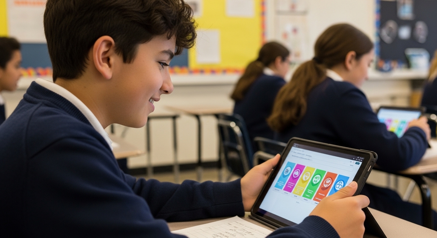 A middle school student smiling while interacting with a gamified science app on a tablet in a classroom, representing how hard science becomes less intimidating.