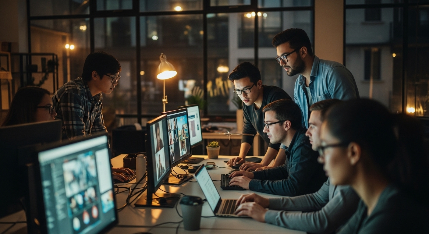 Game developers collaborating remotely using digital tools across global time zones with modern tech setup.