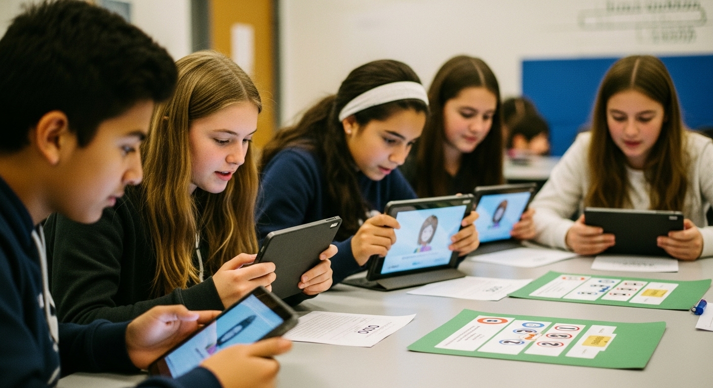 Students watch a video clip as part of a learning strategy before starting an interactive Gimkit quiz.